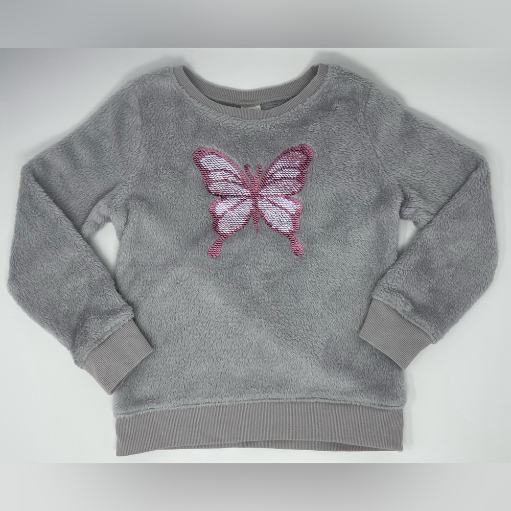 OSHKOSH B’GOSH: Sequin Flip, Butterfly, Crew Neck Sweatshirt, Gray, Size 6/6X